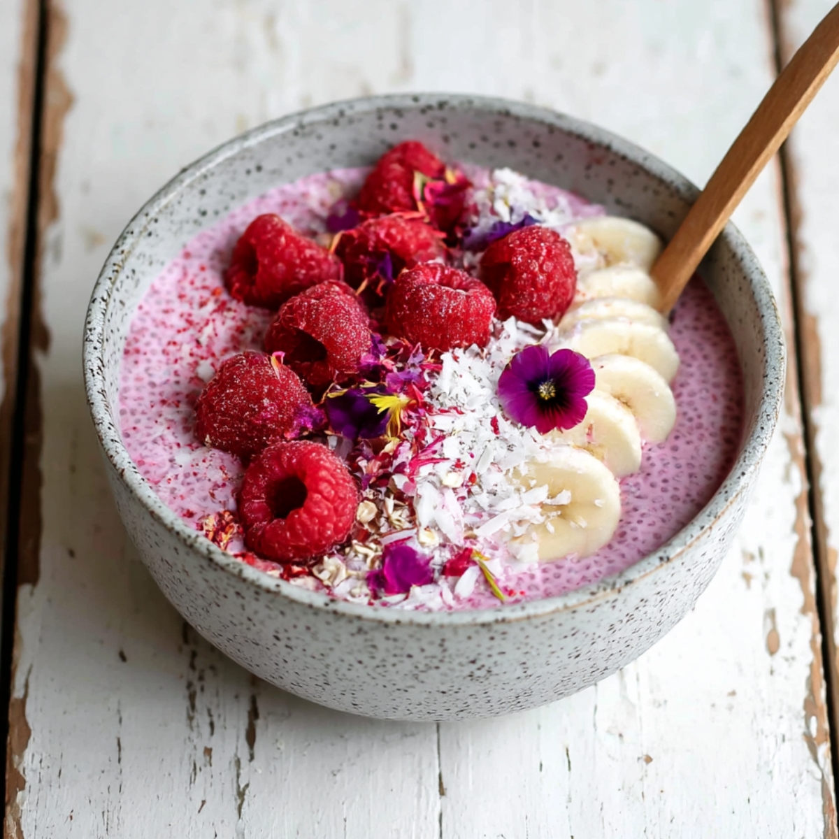 A bowl of vibrant raspberry chia pudding topped with fresh raspberries, banana slices, shredded coconut, oats, and colorful edible flowers, served in a speckled gray bowl with a wooden spoon on a rustic white wooden surface.