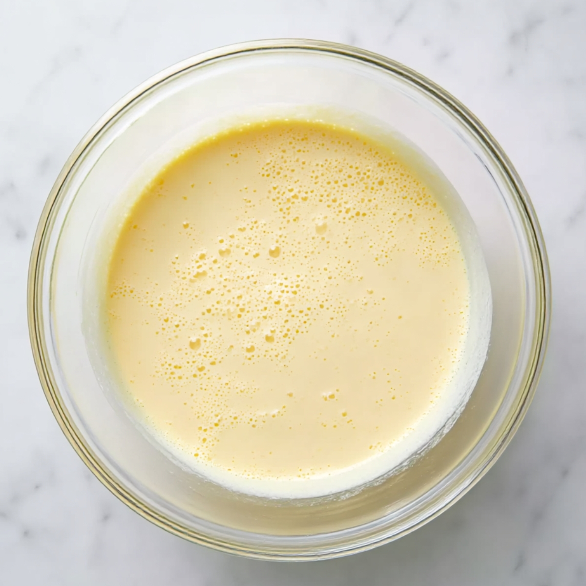 Top-down view of a clear glass bowl filled with a creamy, whisked egg mixture ready for making sausage and egg casserole.