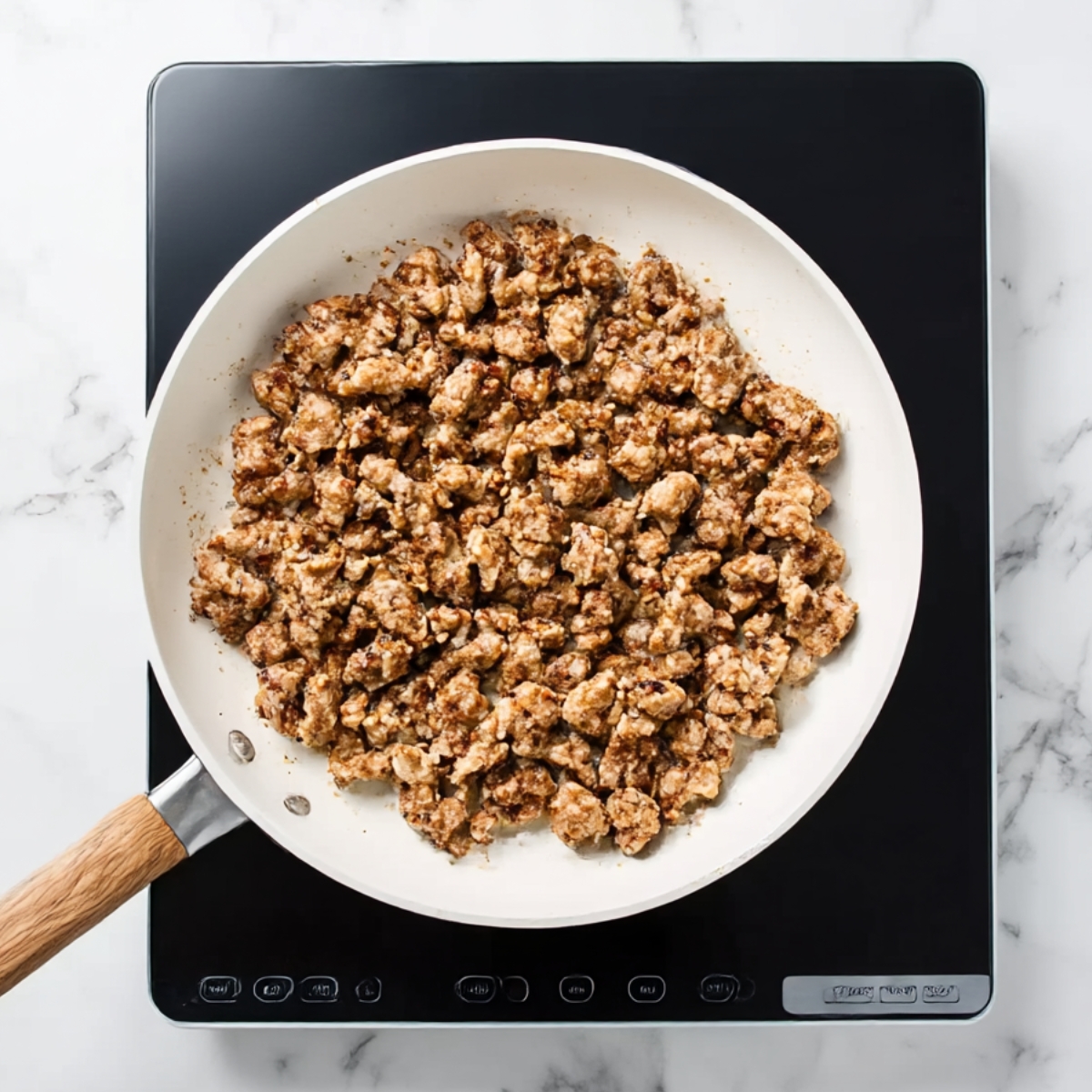 Top-down view of crumbled, browned sausage cooking in a white skillet, ready to be added to a sausage and egg casserole.
