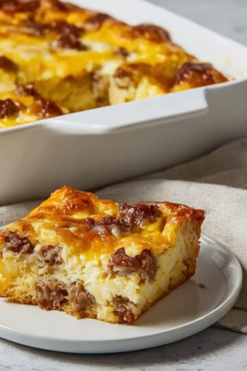 A golden-baked sausage and egg casserole slice on a white plate, showing fluffy eggs, melted cheese, and savory sausage, with the full casserole dish in the background.