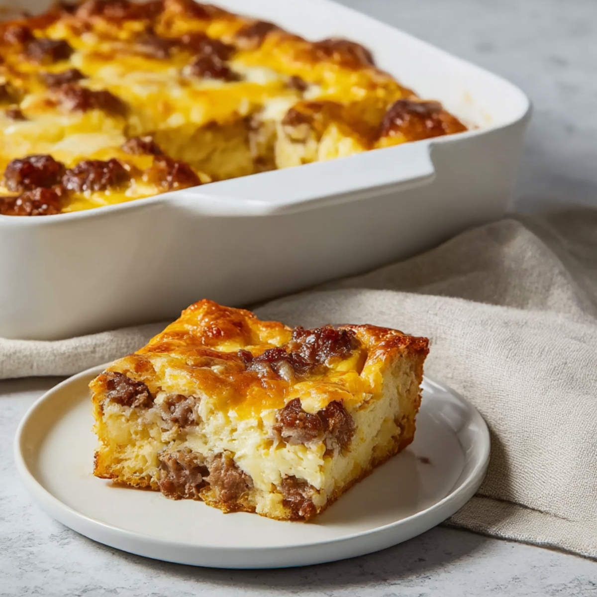 A golden-baked sausage and egg casserole slice on a white plate, showing fluffy eggs, melted cheese, and savory sausage, with the full casserole dish in the background.