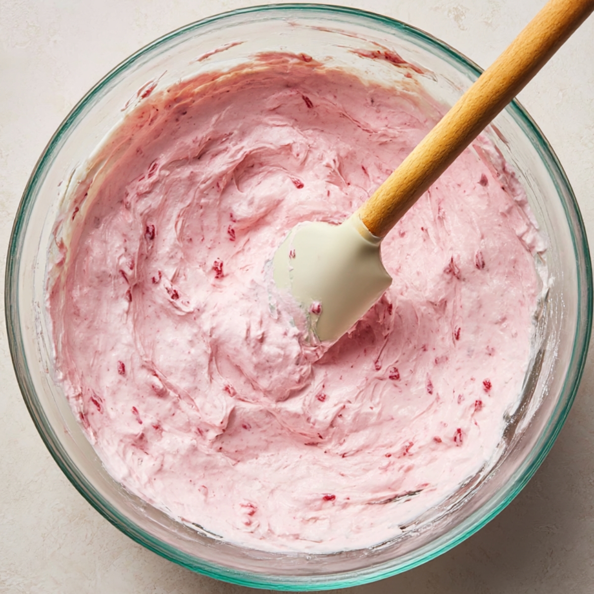 A glass bowl filled with creamy pink strawberry cheesecake frosting, mixed with fresh strawberry pieces, with a white spatula resting inside.
