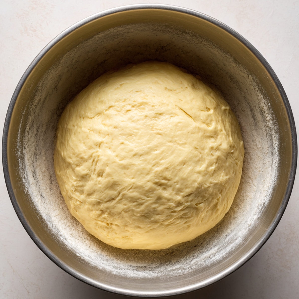 A ball of smooth, risen dough in a floured metal bowl, ready to be rolled out for strawberry cheesecake cinnamon rolls.