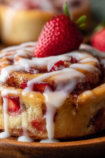 Close-up of a freshly baked strawberry cheesecake cinnamon roll, topped with creamy icing and garnished with a ripe strawberry, served on a wooden plate.