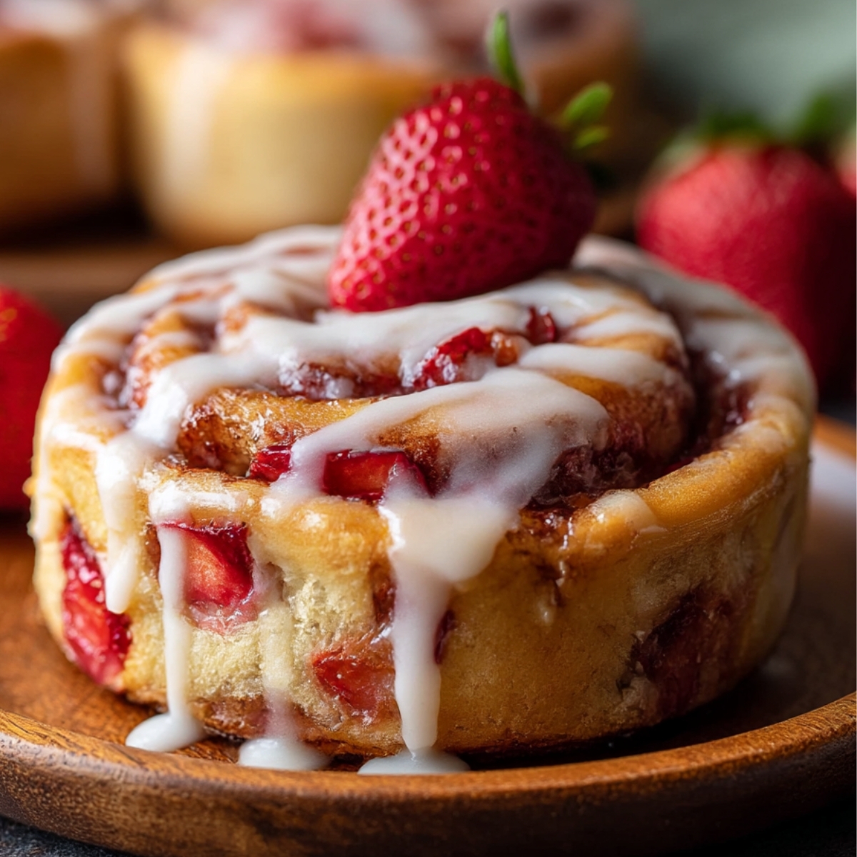 Close-up of a freshly baked strawberry cheesecake cinnamon roll, topped with creamy icing and garnished with a ripe strawberry, served on a wooden plate.
