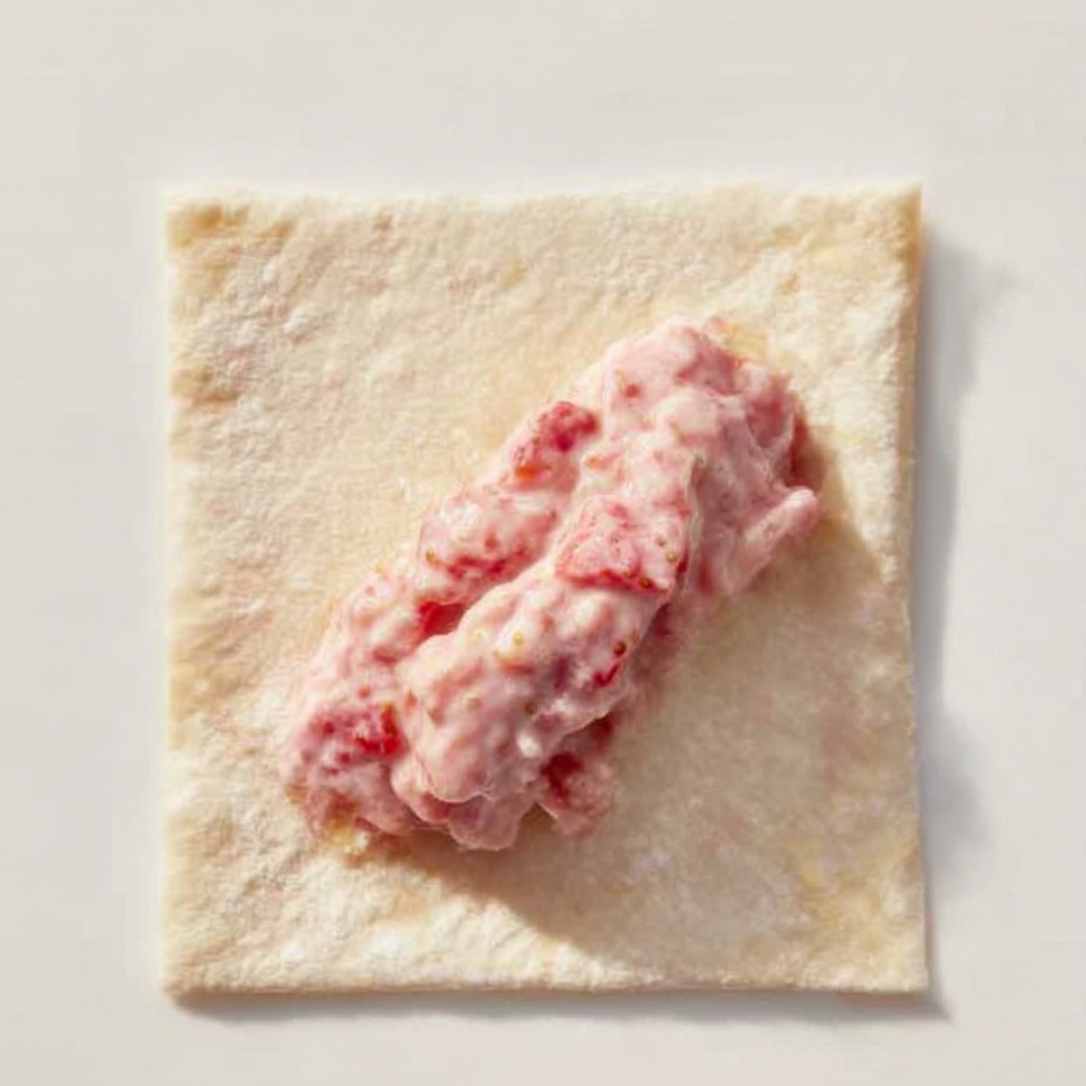 Creamy strawberry cheesecake mixture placed on a square egg roll wrapper, ready to be rolled into a sweet dessert egg roll.