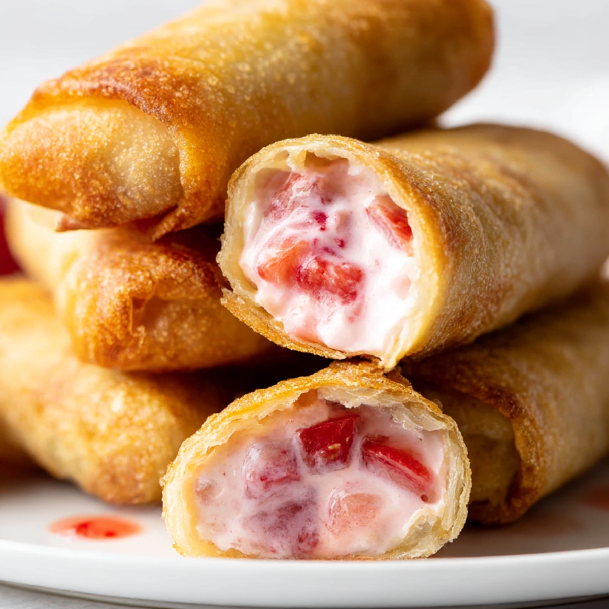 Golden-brown strawberry cheesecake egg rolls filled with creamy cheesecake and fresh strawberry pieces, stacked on a white plate, perfect for a sweet dessert treat.