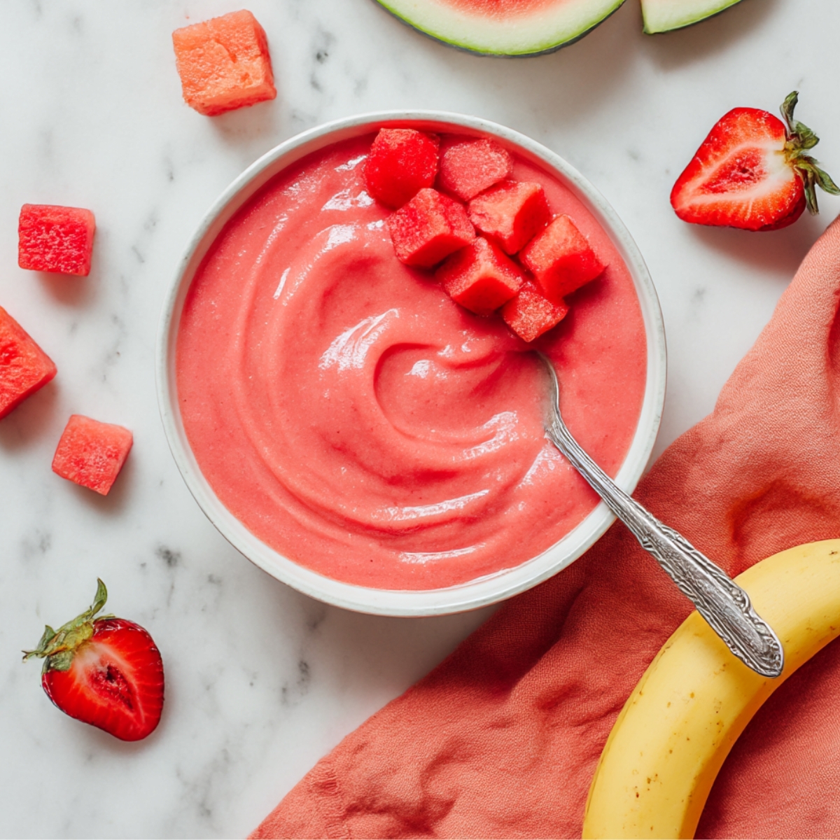 Creamy strawberry watermelon smoothie served in a bowl, topped with fresh watermelon cubes, surrounded by strawberries, banana, and watermelon slices for a vibrant summer treat.