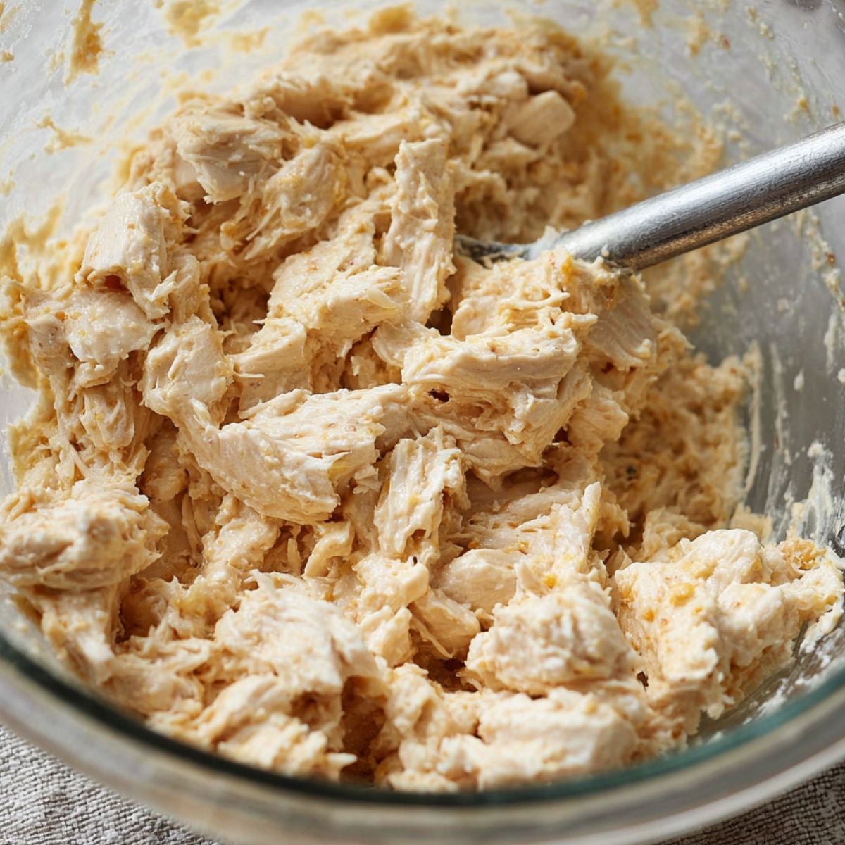 Triangle of crescent dough with a dollop of creamy shredded chicken filling, ready to be rolled for baking.