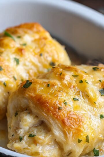 Golden baked chicken crescents stuffed with creamy chicken and melted cheese, garnished with parsley, served in a white baking dish.