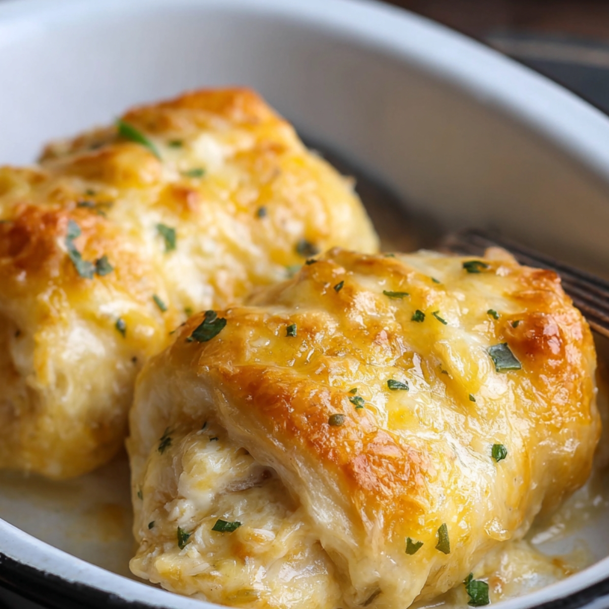 Golden baked chicken crescents stuffed with creamy chicken and melted cheese, garnished with parsley, served in a white baking dish.