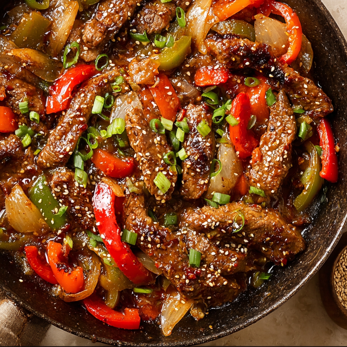 Close-up of Chinese pepper steak stir-fry with tender beef strips, red and green bell peppers, onions, sesame seeds, and green onions in a savory sauce, served in a cast-iron skillet.