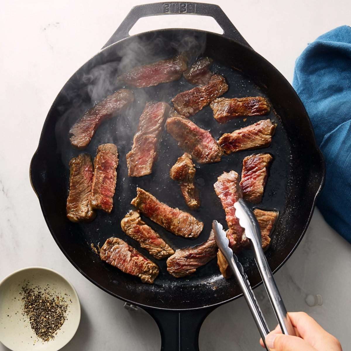 Sliced beef strips being seared in a cast-iron skillet for Chinese pepper steak, with steam rising and a small dish of cracked black pepper beside the pan.