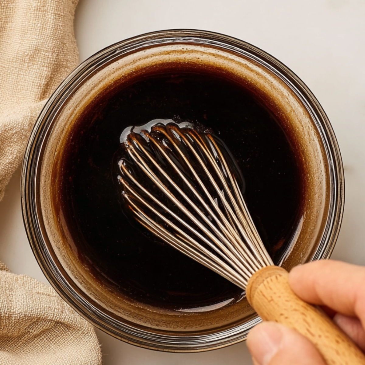 Whisking a dark, glossy sauce for Chinese pepper steak in a glass bowl, ready to coat tender beef and vegetables, with a beige cloth nearby.