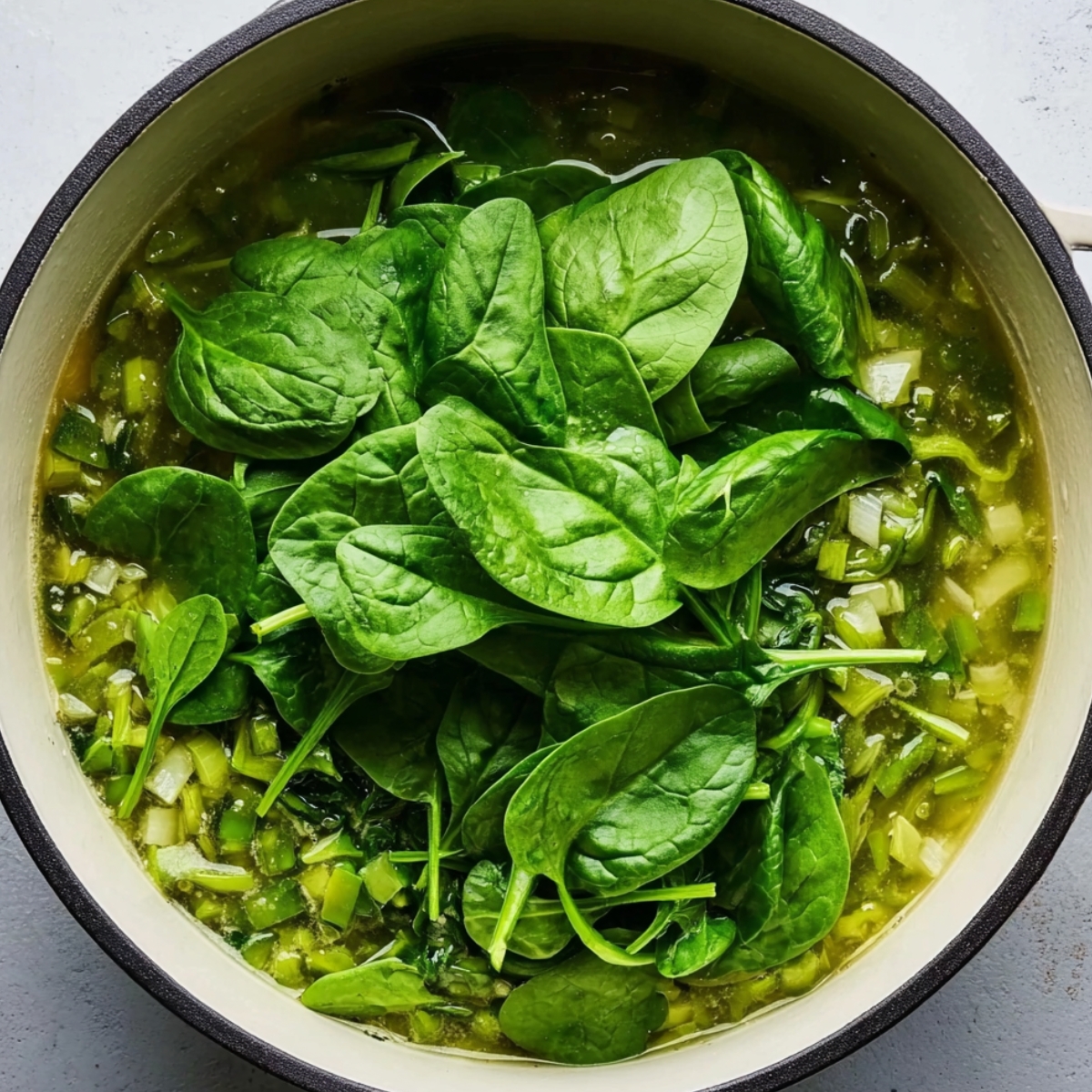 Pot of fresh asparagus and spinach cooking in a creamy green vegetable soup, showing vibrant leafy greens and diced vegetables, perfect for a healthy, nutrient-packed meal.