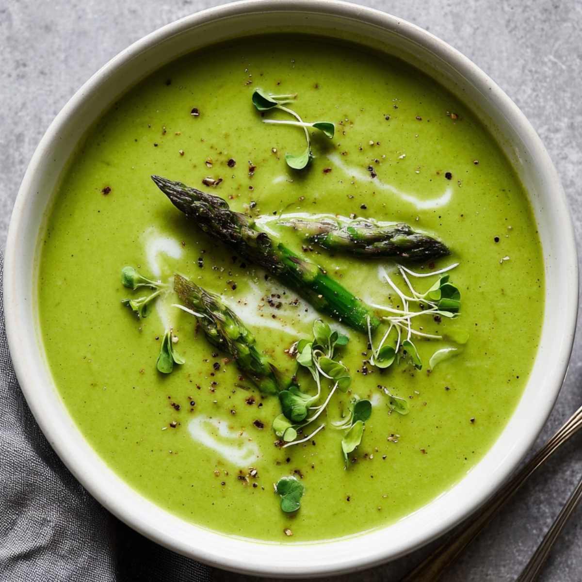 Bowl of creamy asparagus soup garnished with roasted asparagus tips, microgreens, a drizzle of cream, and freshly cracked black pepper, perfect for a healthy and comforting meal.