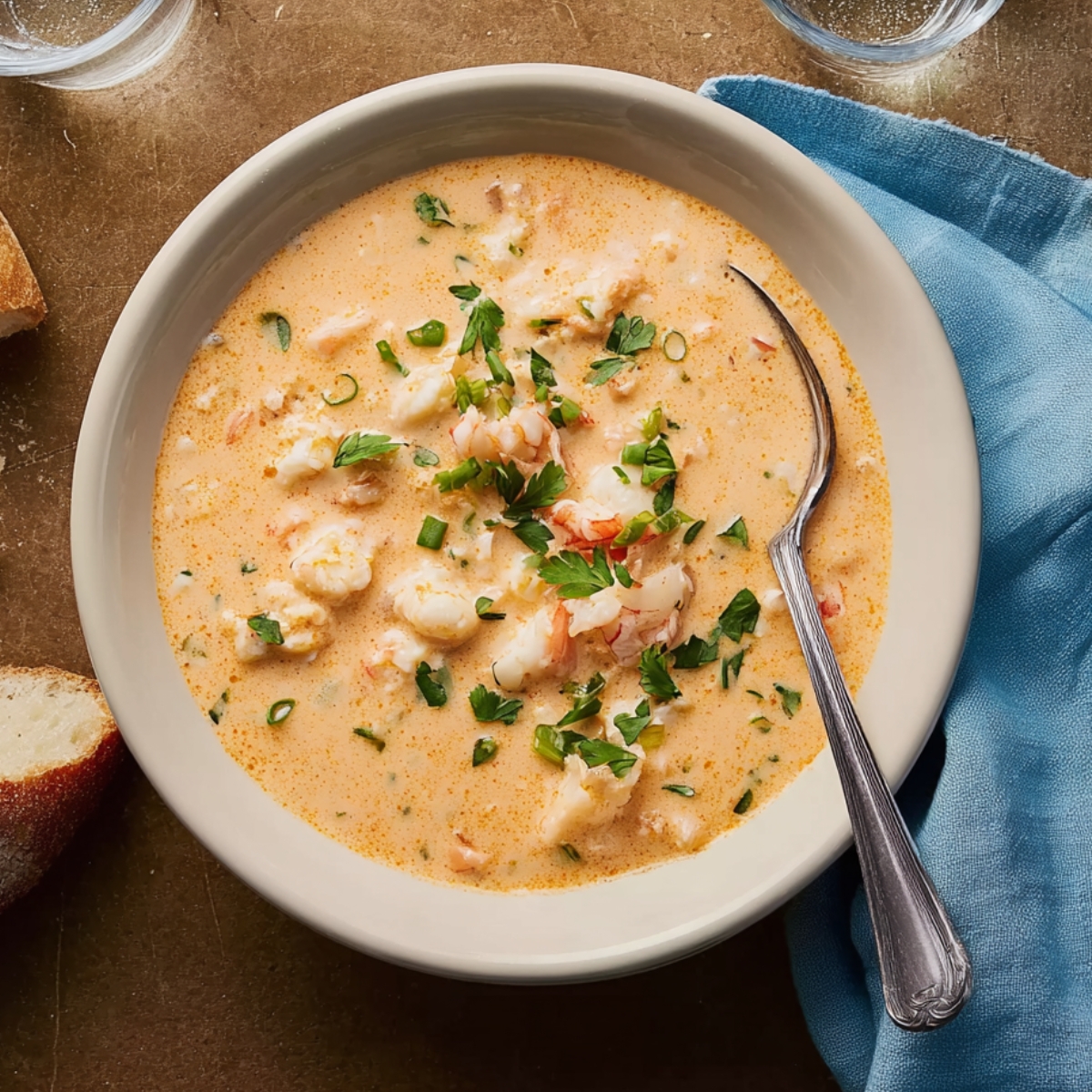 A bowl of creamy shrimp and crab bisque garnished with fresh parsley and green onions, served with a side of crusty bread, showing a rich, orange-colored seafood soup.
