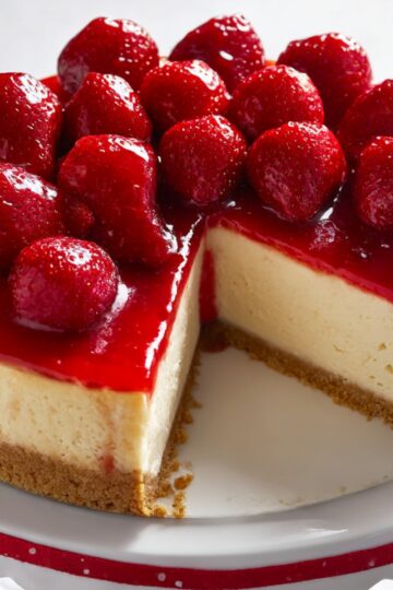 A creamy keto strawberry cheesecake with a golden almond crust, topped with vibrant fresh strawberries and a glossy sugar-free strawberry sauce, with a slice removed to show the smooth, dense interior.