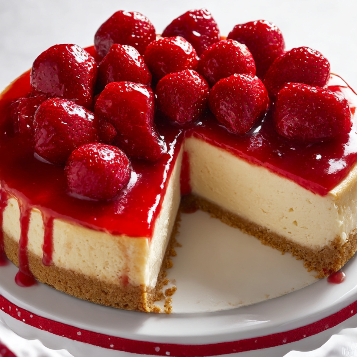 A creamy keto strawberry cheesecake with a golden almond crust, topped with vibrant fresh strawberries and a glossy sugar-free strawberry sauce, with a slice removed to show the smooth, dense interior.