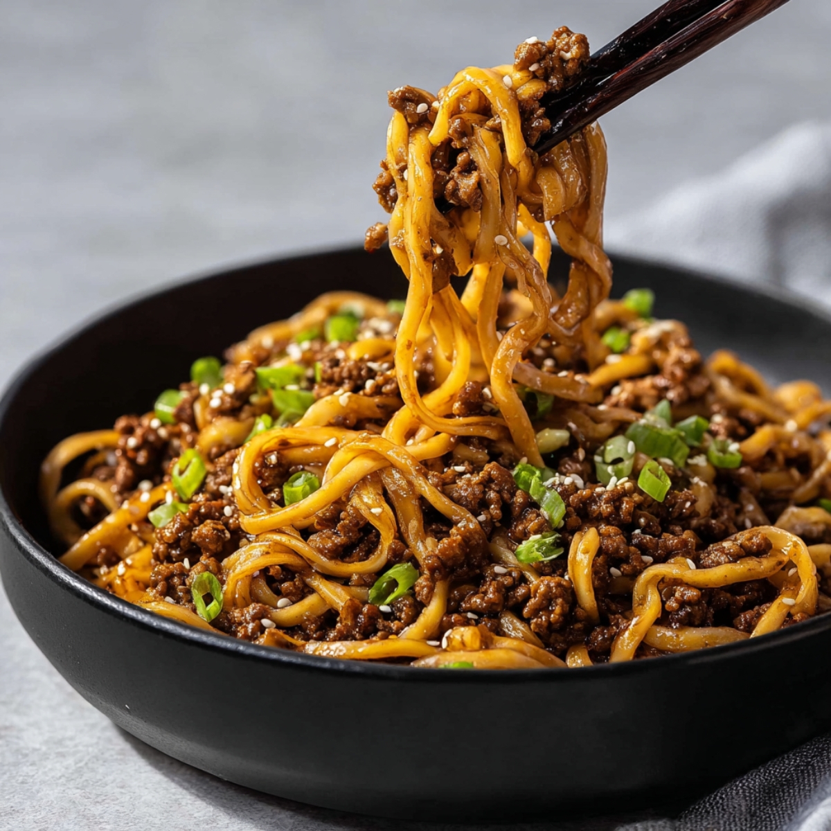 Bowl of Mongolian ground beef noodles garnished with chopped green onions and sesame seeds, showing tender noodles coated in savory, rich sauce, perfect for an easy weeknight dinner.