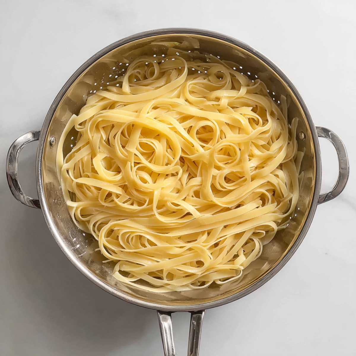 Freshly boiled fettuccine-style noodles in a stainless steel colander, ready to be combined with savory Mongolian ground beef sauce for a delicious Asian-inspired dinner.