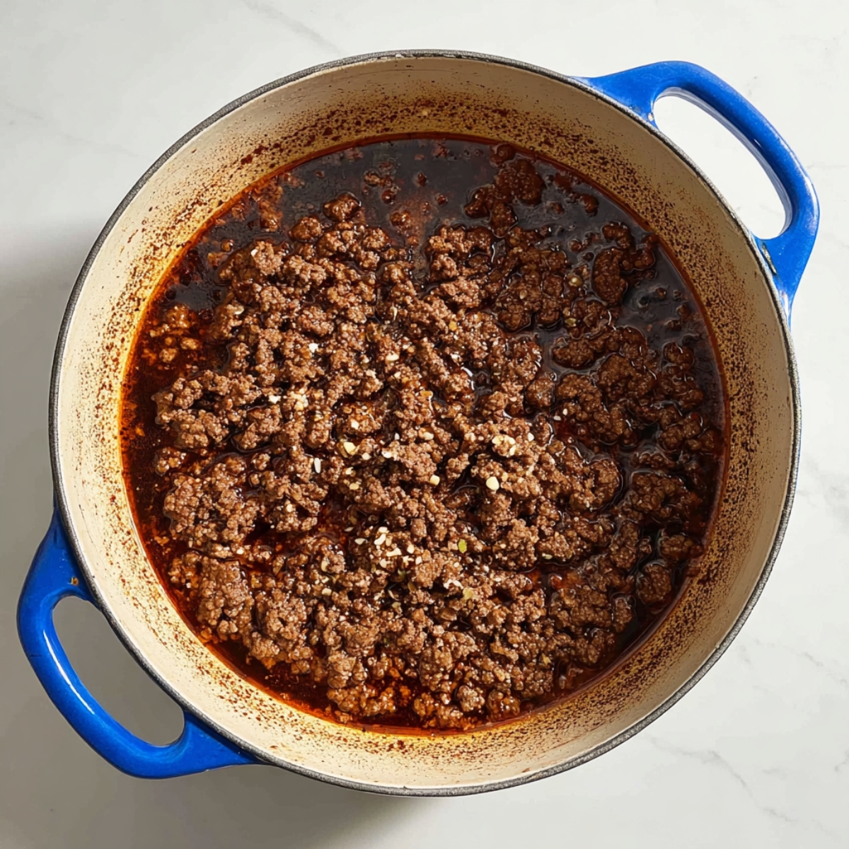 Close-up of Mongolian ground beef simmering in a rich, dark sauce in a blue enamel pot, ready to be tossed with noodles for a flavorful Asian-inspired meal.