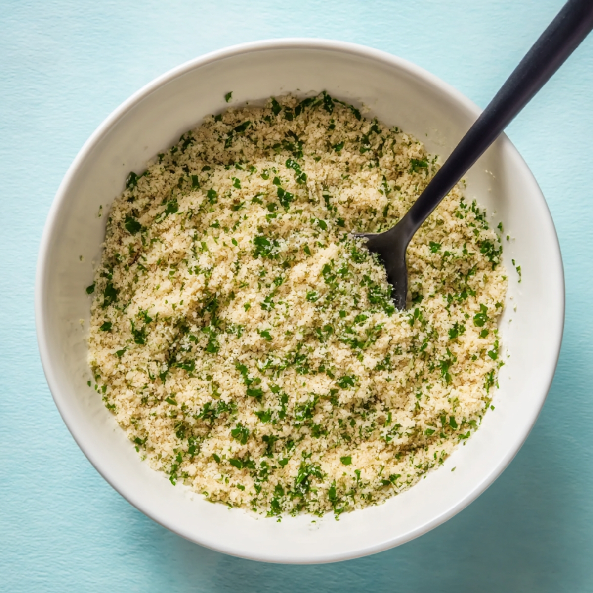 Top-down view of a white bowl filled with a finely mixed Parmesan and herb breadcrumb mixture with a spoon, ready to coat cod fillets for baking.