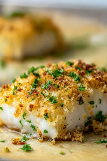 Close-up of a golden, crispy Parmesan crusted cod fillet garnished with fresh parsley on a baking sheet, ready to serve.