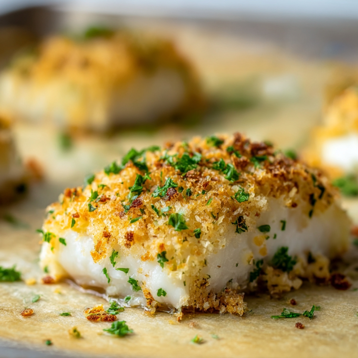 Close-up of a golden, crispy Parmesan crusted cod fillet garnished with fresh parsley on a baking sheet, ready to serve.