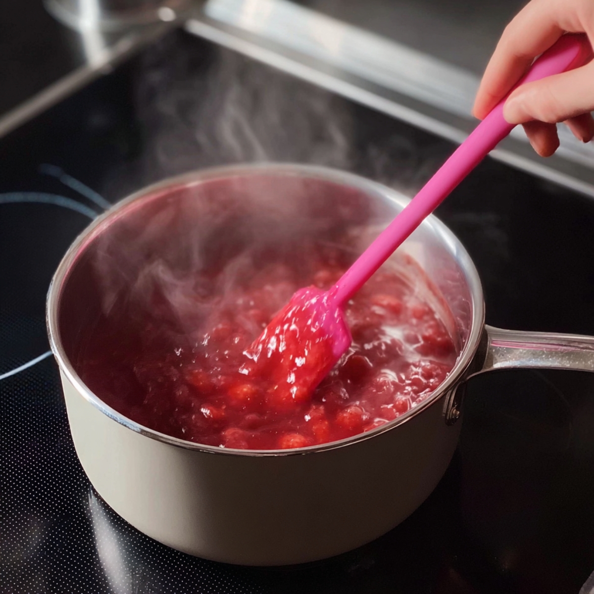 A saucepan on the stove with steaming red strawberry sauce being stirred with a pink spatula, perfect for a strawberry chocolate dessert filling.