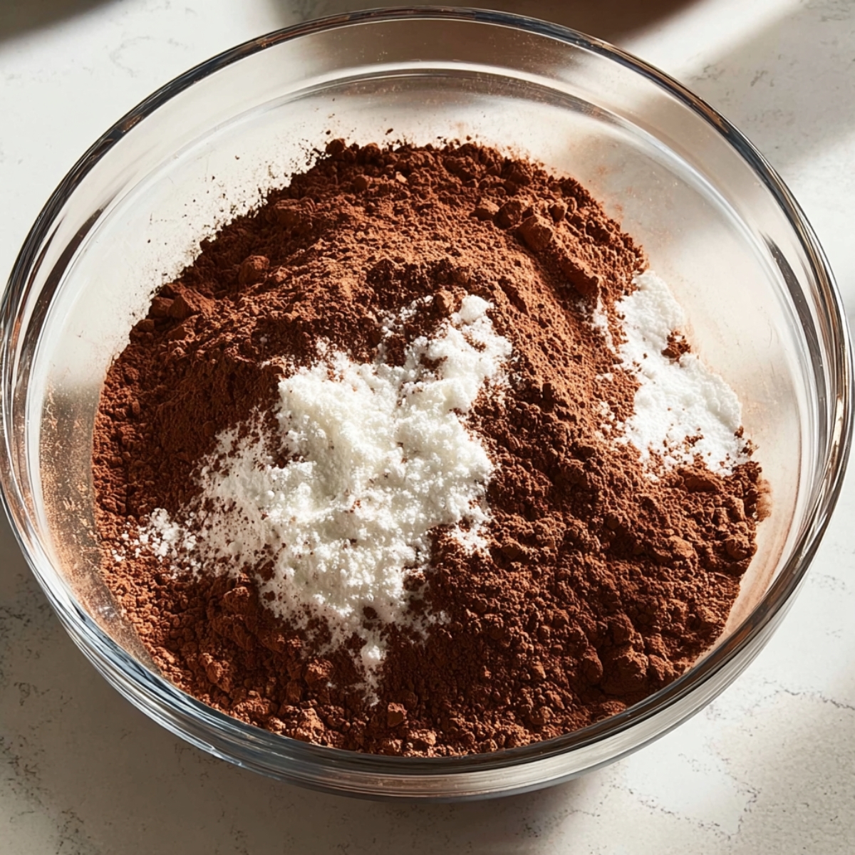 A clear glass bowl filled with cocoa powder and sugar, showing the dry ingredients ready to make a rich chocolate cake for a strawberry chocolate dessert.