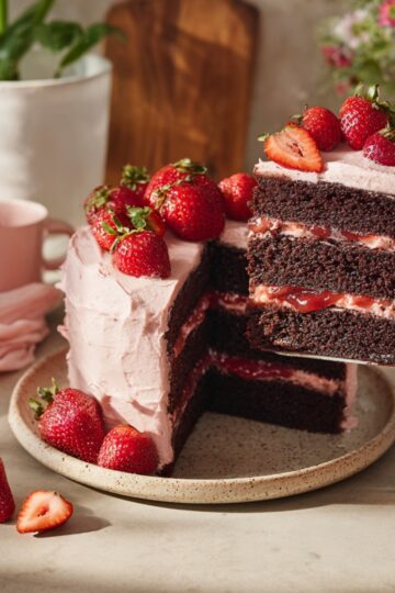 A rich chocolate layer cake with pink strawberry frosting, fresh strawberries on top, and a slice lifted to show chocolate cake layers with strawberry filling.