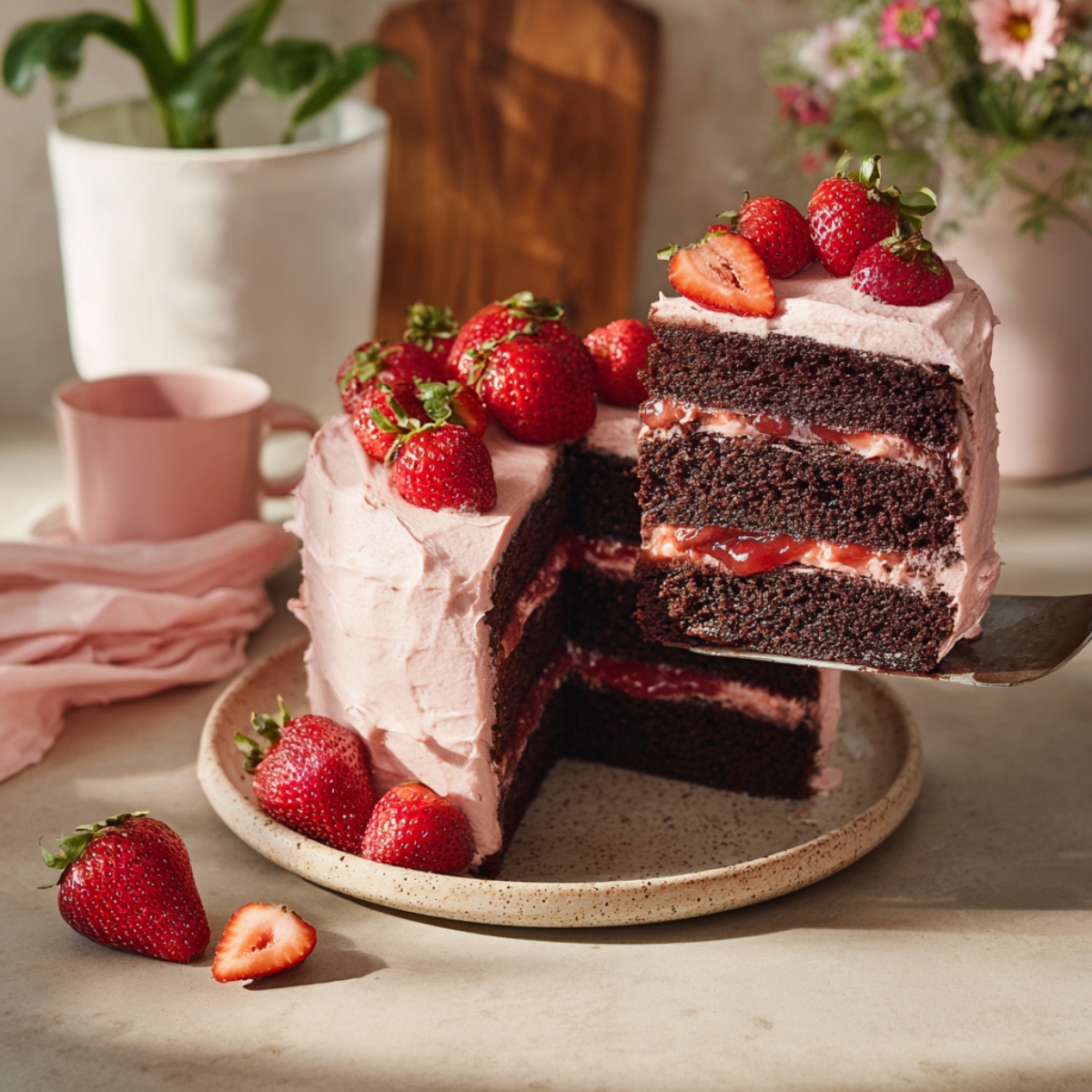 A rich chocolate layer cake with pink strawberry frosting, fresh strawberries on top, and a slice lifted to show chocolate cake layers with strawberry filling.