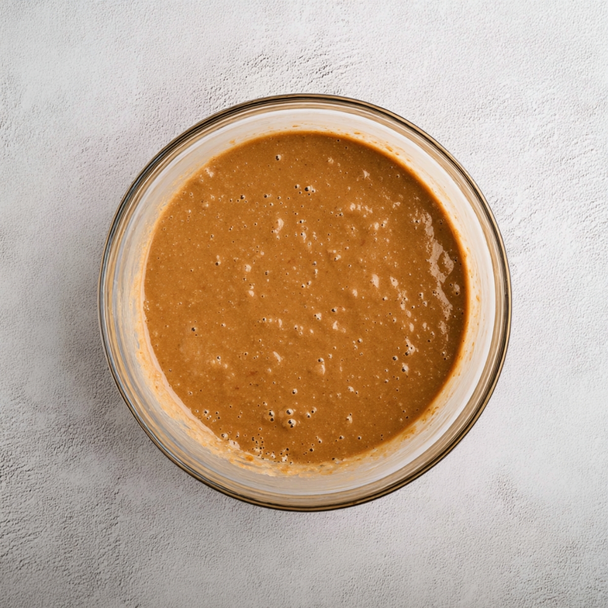 A close-up view of smooth, brown banana bread brownie batter in a glass bowl, sitting on a light textured surface, ready to be baked into moist brownies.
