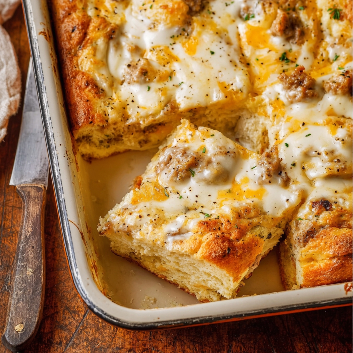 A close-up of a baked biscuits and gravy breakfast casserole in a rectangular dish, featuring fluffy golden biscuits topped with creamy sausage gravy and melted cheese, ready to serve.