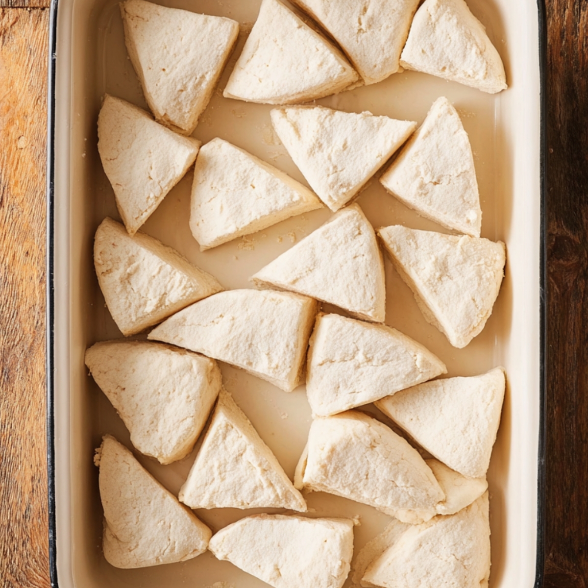 Unbaked biscuit triangles arranged in a baking dish, ready to be baked for a homemade biscuits and gravy breakfast casserole, showing a raw, fluffy dough texture.