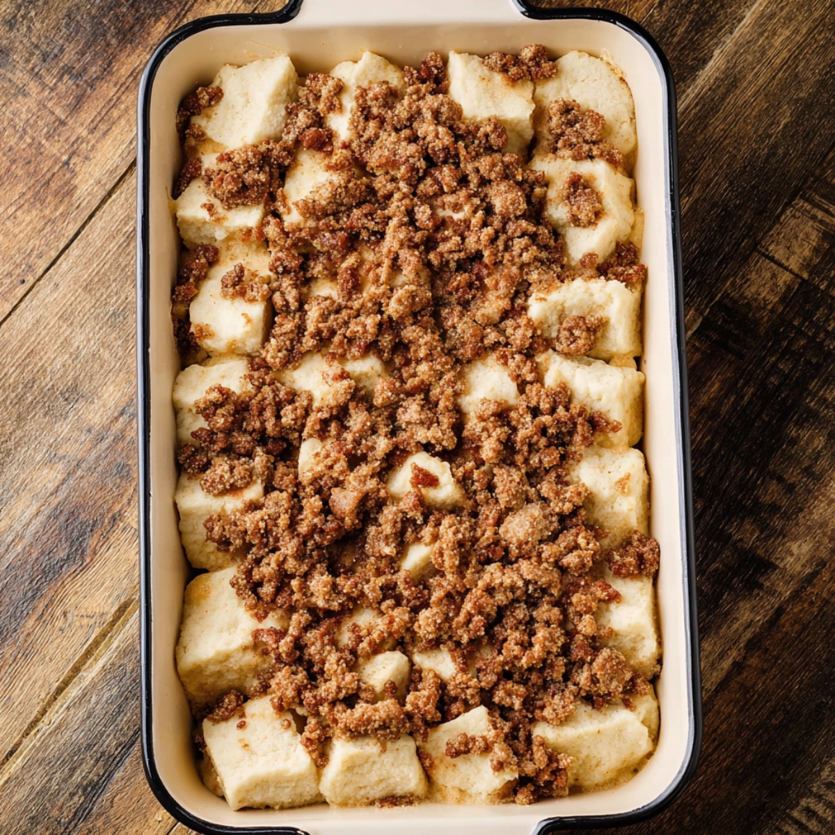 Close-up of a baking dish with raw biscuit pieces topped with seasoned sausage crumbles, ready to bake into a delicious biscuits and gravy breakfast casserole, showing the texture of the dough and sausage topping.