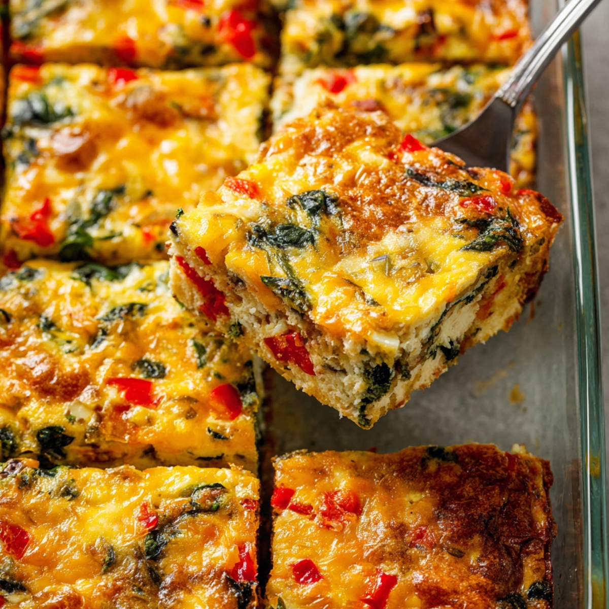 Golden baked make ahead breakfast casserole cut into squares, loaded with melted cheese, fresh spinach, and diced red peppers, perfect for a quick and hearty morning meal.