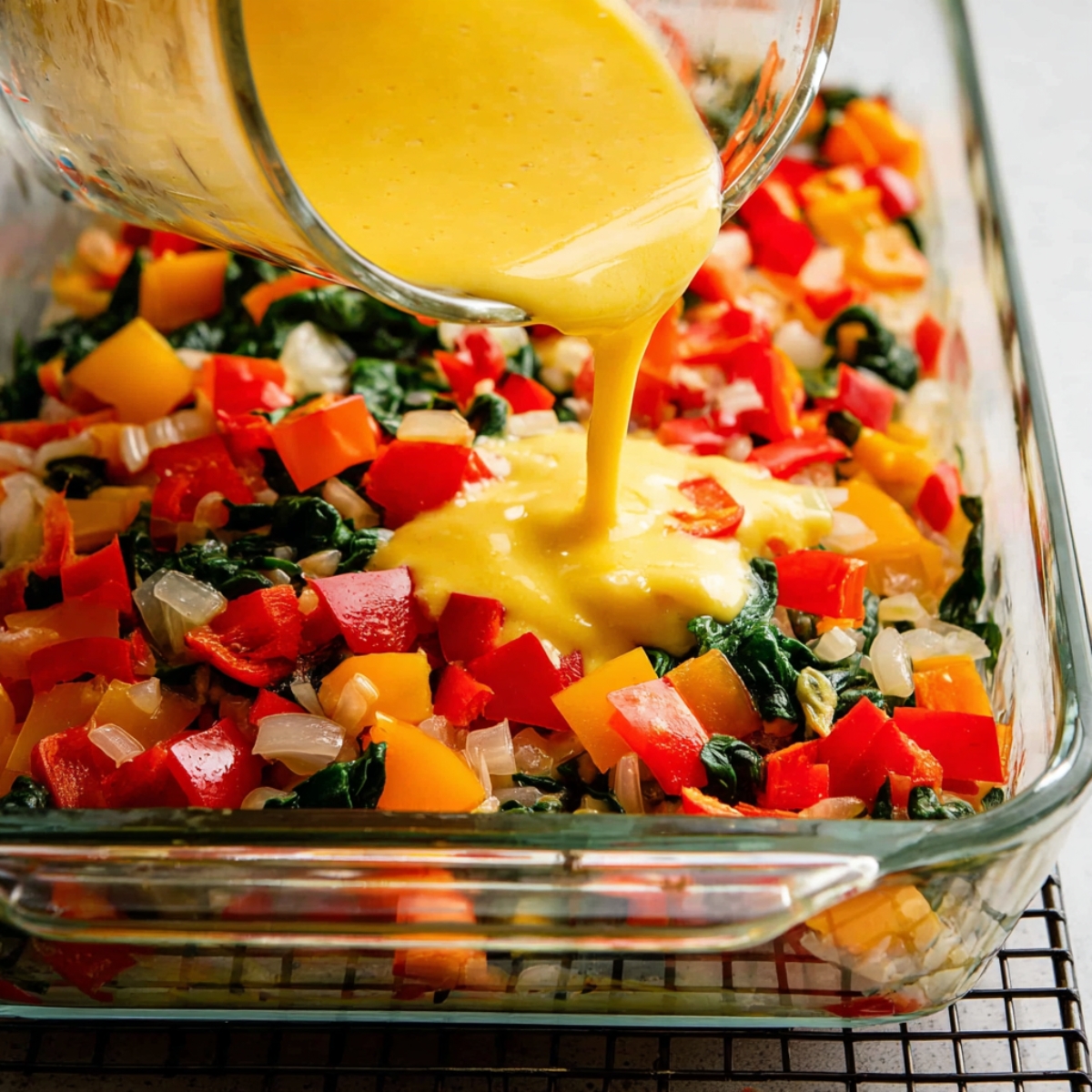 Freshly chopped red and yellow bell peppers, onions, and spinach in a glass baking dish with creamy egg mixture being poured over, perfect for a colorful make ahead breakfast casserole.