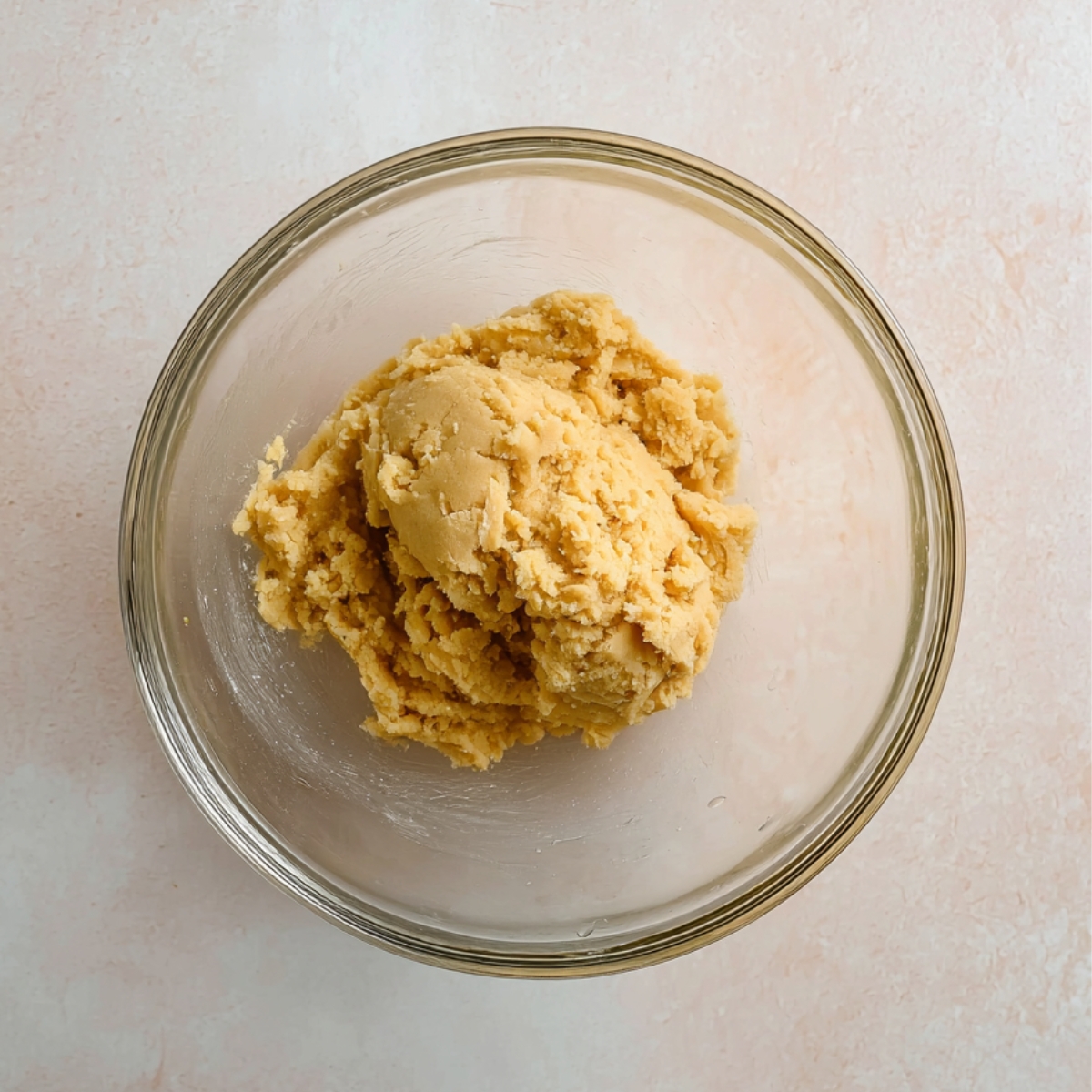 Glass bowl with smooth, crumbly coconut tart dough for making a mango curd tart, ready to be pressed into a pan.