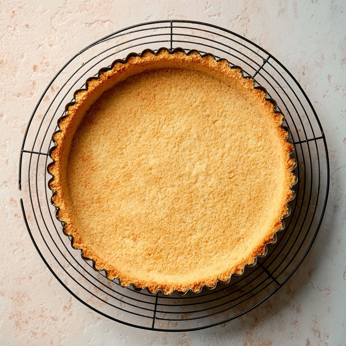 Golden-brown coconut tart crust cooling on a wire rack, ready to be filled with mango curd for a tropical tart.