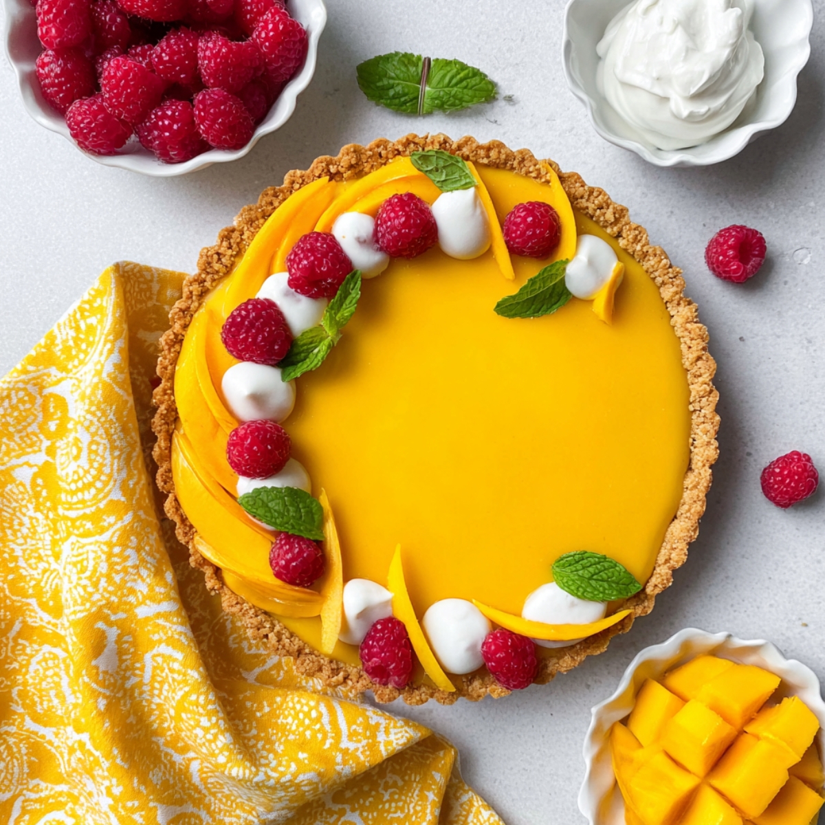Top view of a bright yellow mango curd tart in a coconut crust, decorated with fresh raspberries, mango slices, dollops of whipped cream, and mint leaves.
