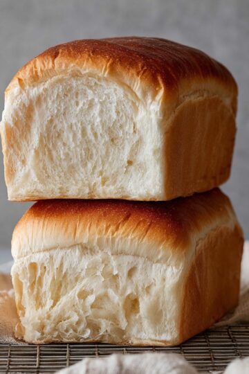 Two stacked freshly baked milk bread loaves with golden brown crust and soft, airy interior on a cooling rack, ready for slicing