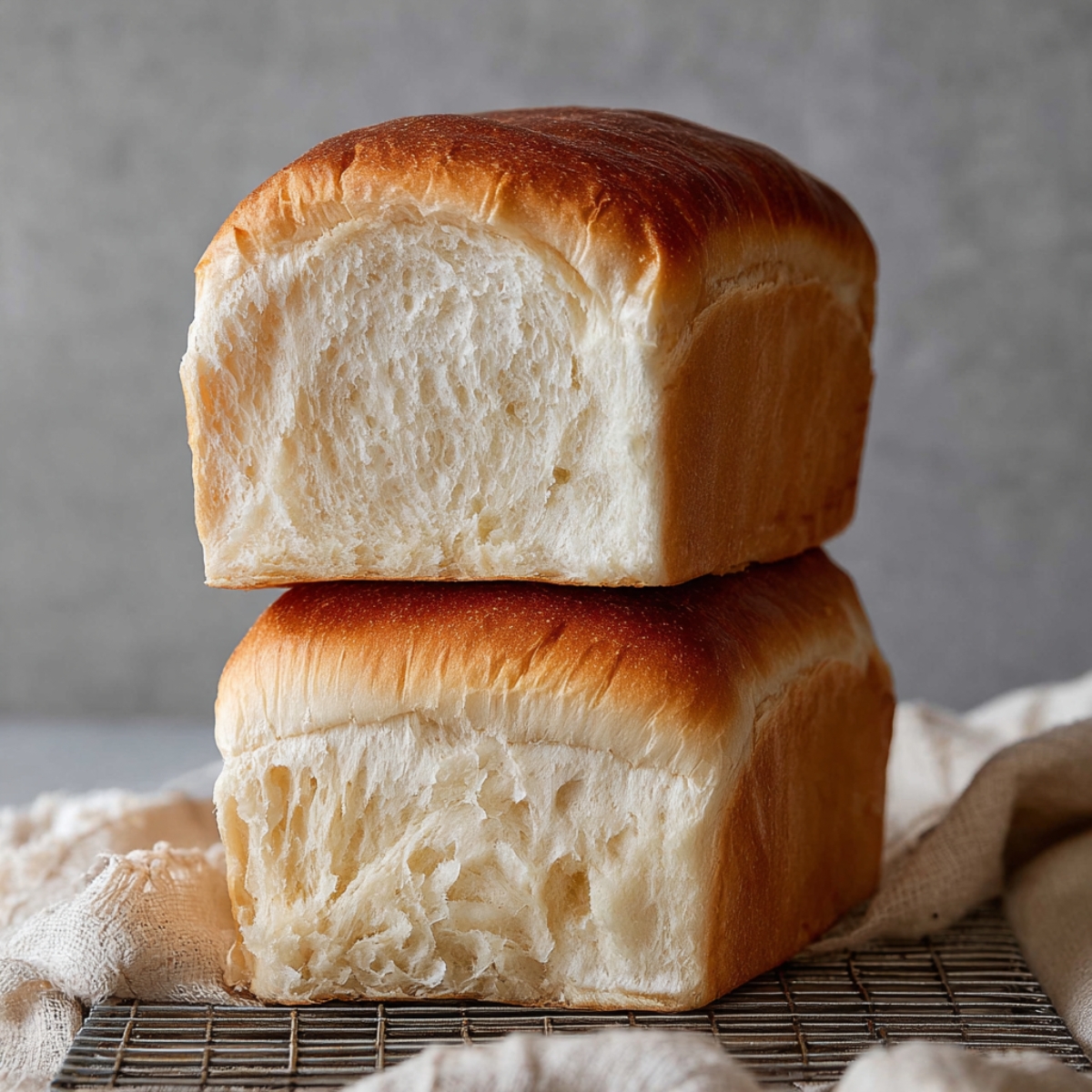 Two stacked freshly baked milk bread loaves with golden brown crust and soft, airy interior on a cooling rack, ready for slicing