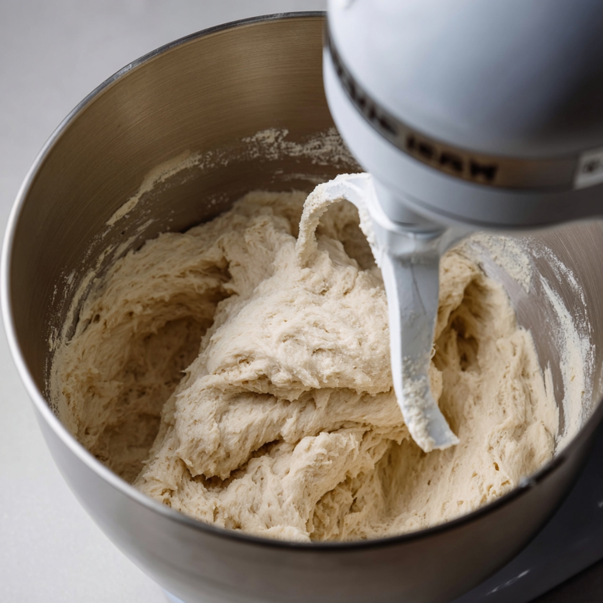 Close-up of fluffy milk bread dough being kneaded in a stand mixer bowl with a dough hook attachment, ready for rising