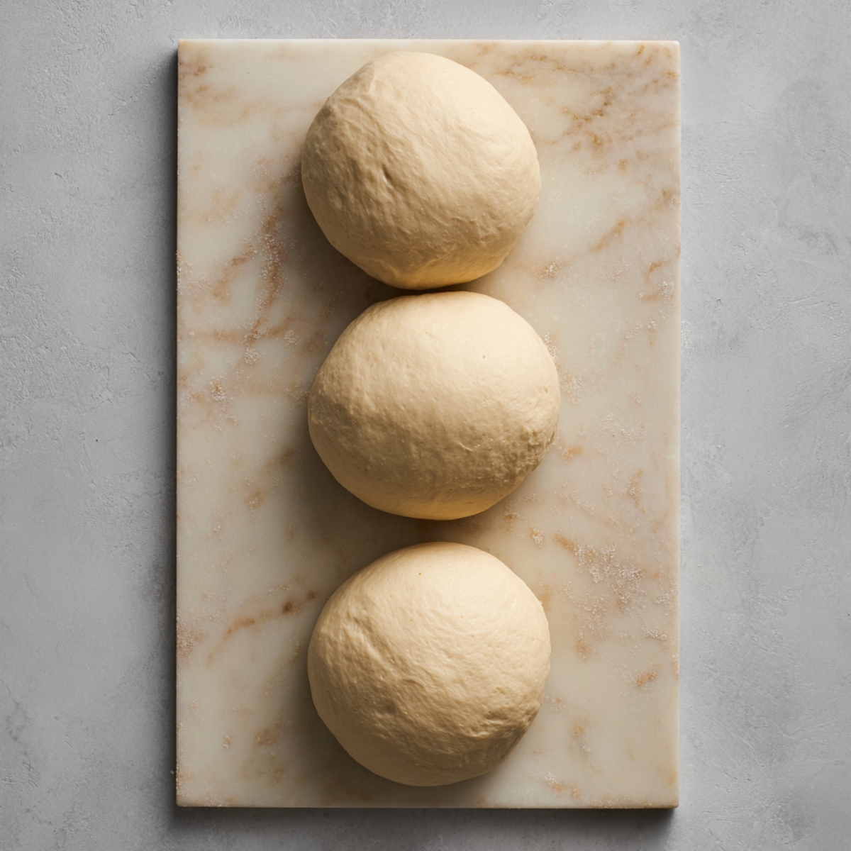 Three smooth milk bread dough balls neatly arranged on a floured marble surface, ready for proofing before baking