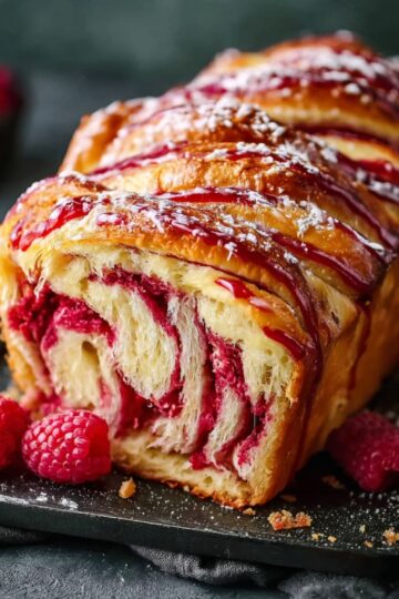 Close-up of a freshly baked raspberry swirl brioche loaf with golden brown crust, visible raspberry filling spirals, dusted with powdered sugar, served with fresh raspberries on a black tray.