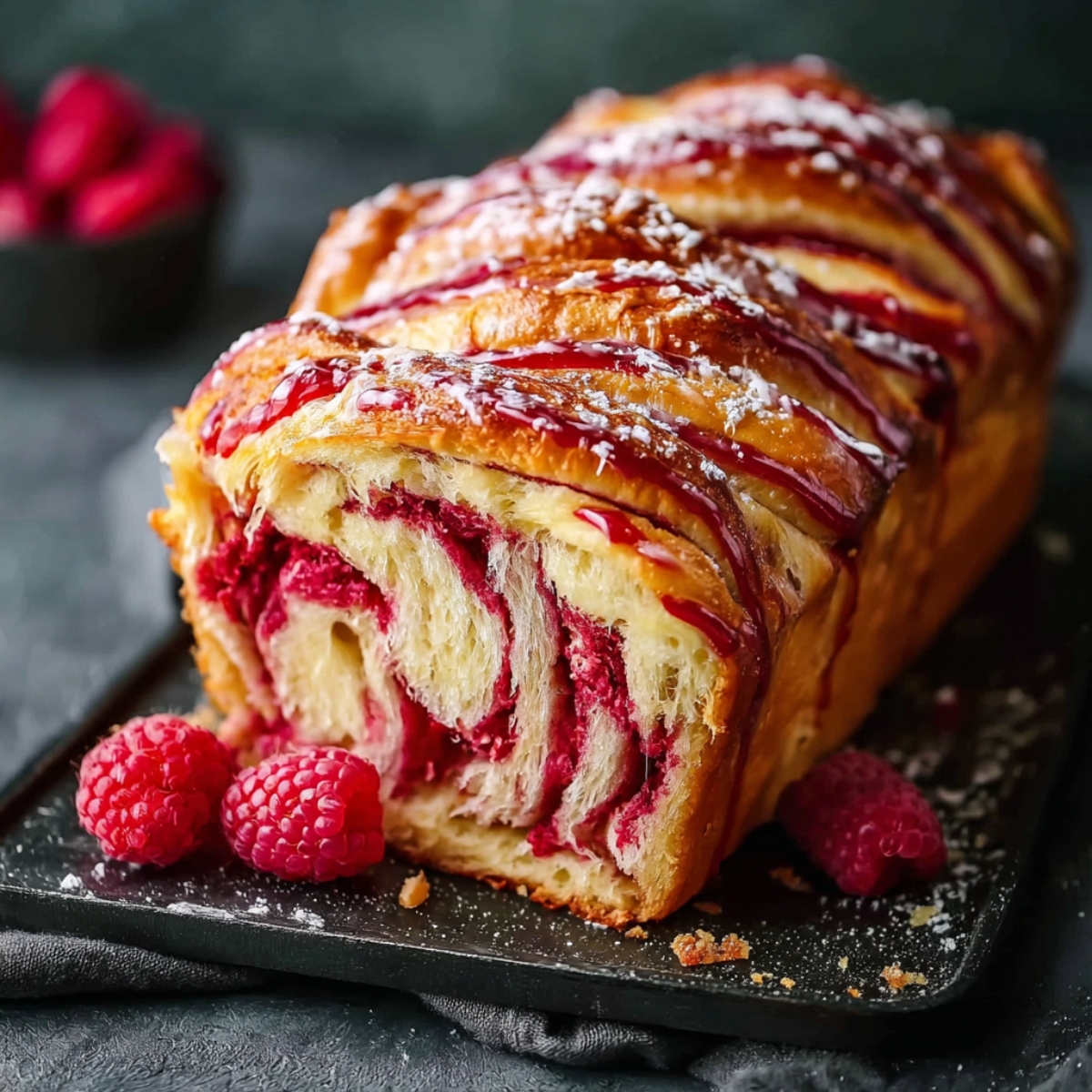 Close-up of a freshly baked raspberry swirl brioche loaf with golden brown crust, visible raspberry filling spirals, dusted with powdered sugar, served with fresh raspberries on a black tray.