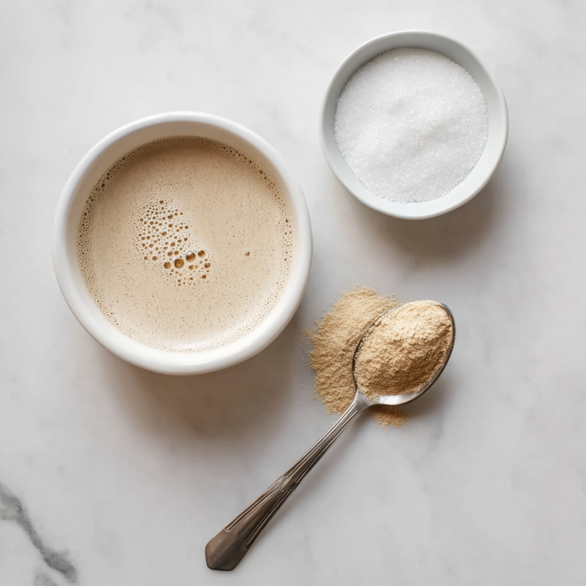 Top-down view of ingredients for raspberry swirl brioche: a small bowl of foamy yeast mixture, a bowl of granulated sugar, and a spoonful of dry yeast on a white marble surface.