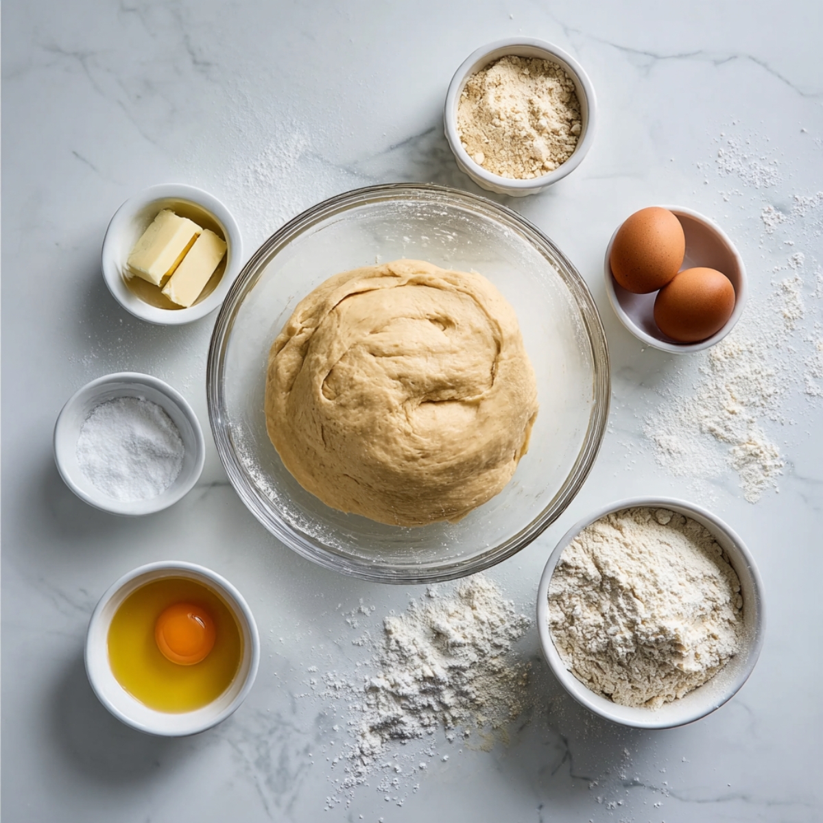 Top-down view of a glass bowl with smooth brioche dough surrounded by small bowls of flour, eggs, melted butter, and other baking ingredients on a white marble surface, ready for shaping.